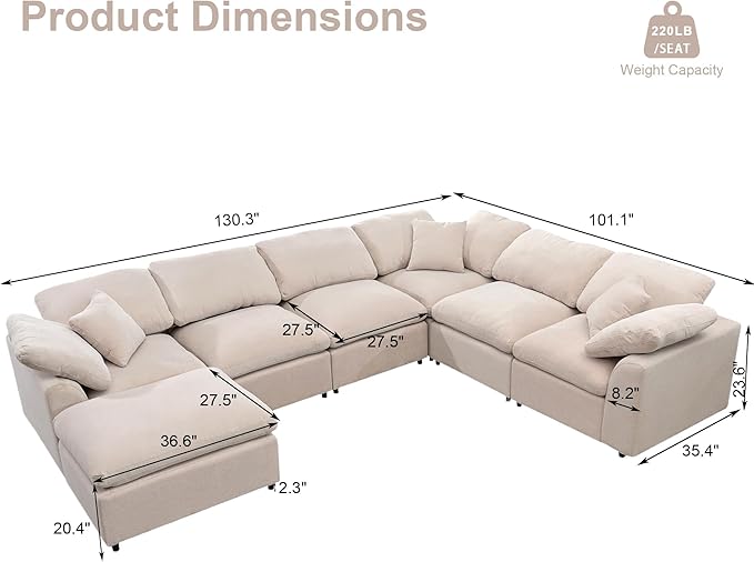 KIVENJAJA 130.3" W Oversized Cloud Couches for Living Room, 7 Seater Convertible Modular Sectional Sofa with Ottoman, Large U Shaped Corner Couch Furniture Set, Chenille Fabric, Modern, Beige