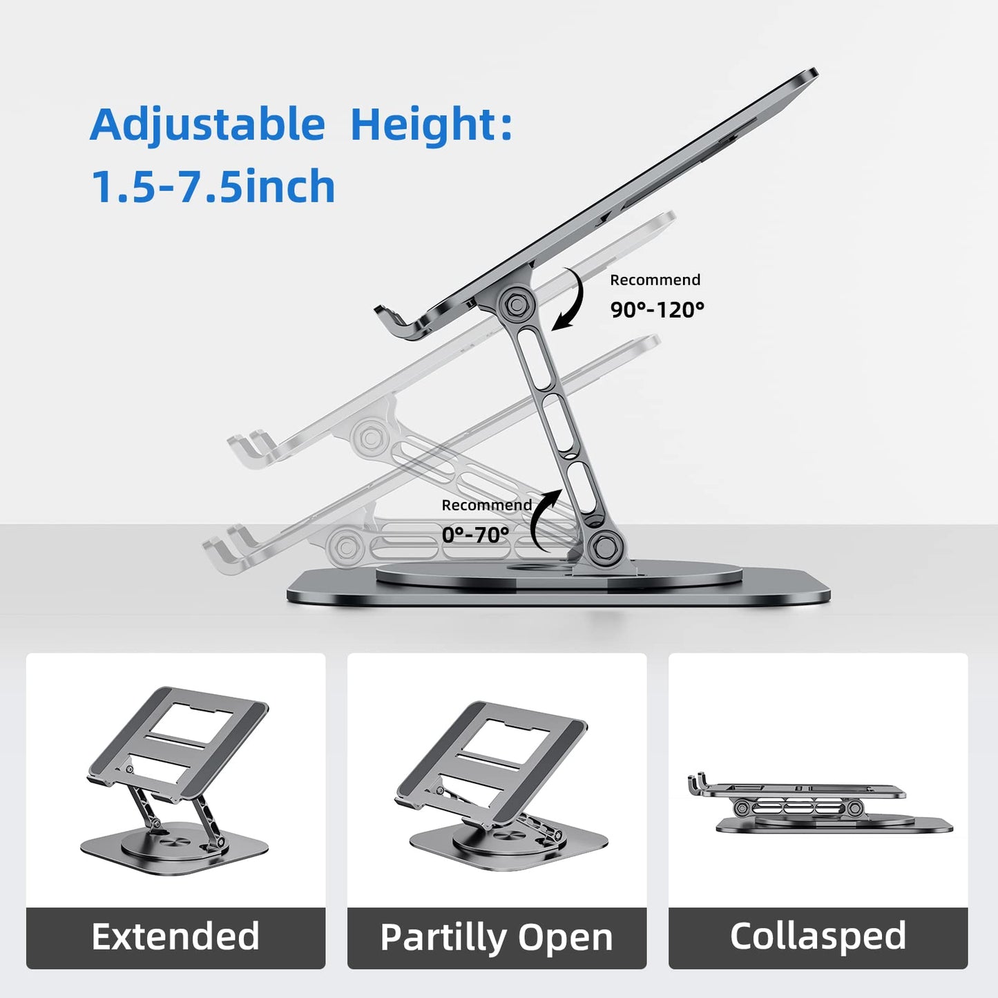 MCHOSE Laptop Stand for Desk, Ergonomic Laptop Riser with 360° Rotating Base, Aluminum Laptop Stand, Adjustable Foldable Laptop Holder Compatible with MacBook Air Pro, Dell XPS, 10-17" Laptops, Grey