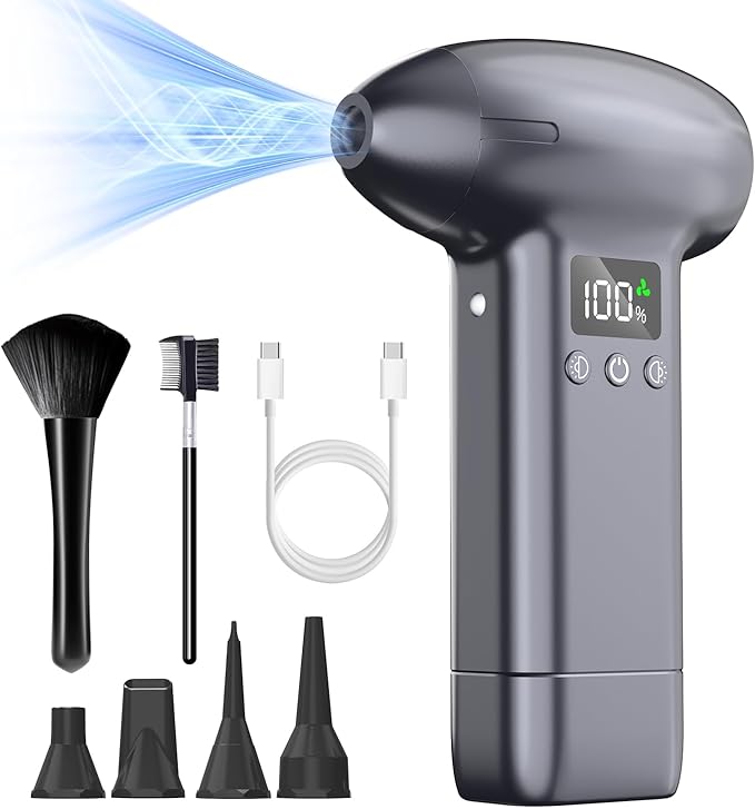 Upgraded Compressed Air Duster-300000RPM Ultra-Powerful Brushless Motor Electric Air Duster 30W Fast Charging &4 Light Modes,Rechargeable 3-Gear Adjustable Cordless Blower for PC,Keyboard,Car,Outdoor