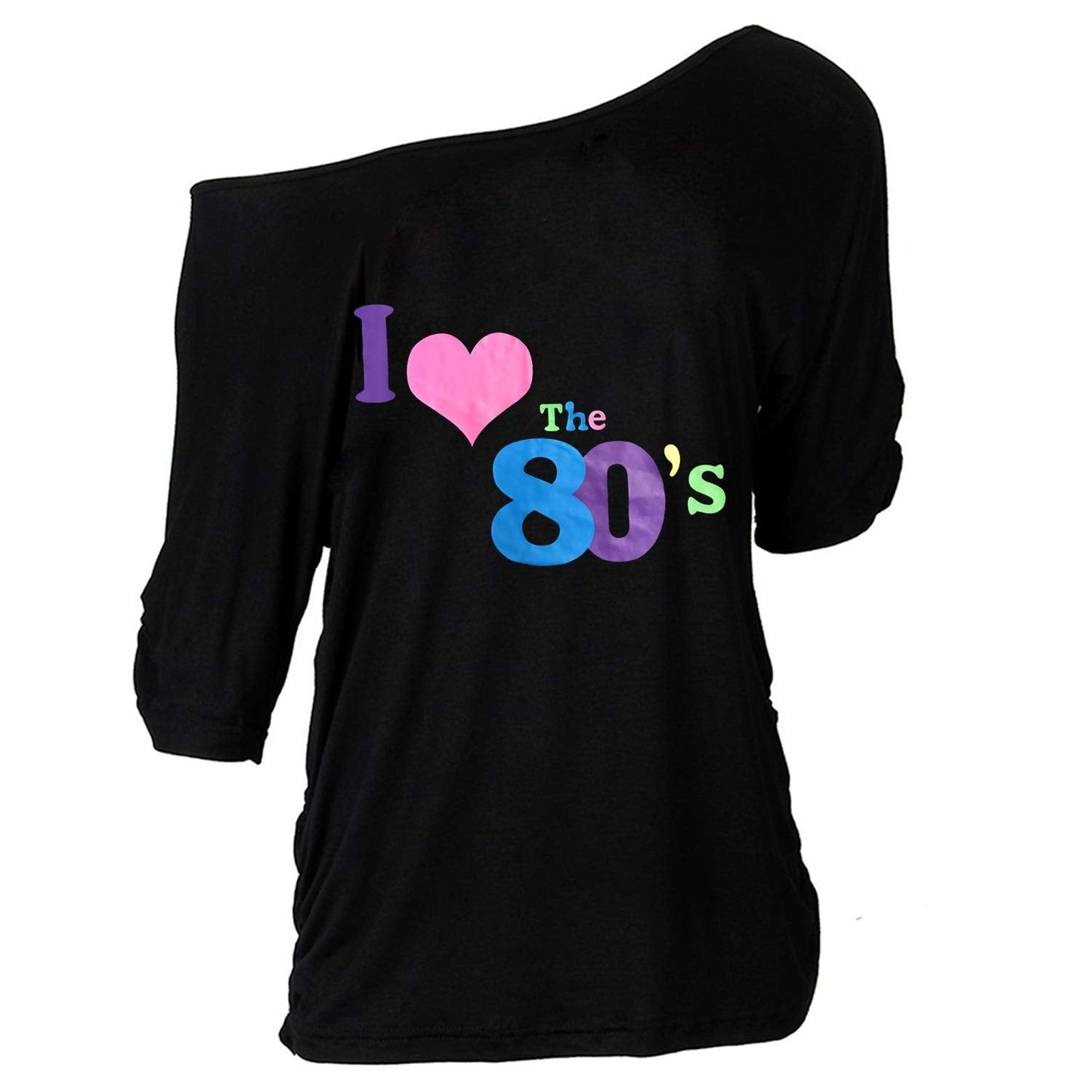 Z-Shop 80s Outfits Costume Accessories for Women - I Love 80's Print Off Shoulder T-Shirt,Lace Headband Necklace Bracelet Gloves for 80s Costumes,Green,XXL