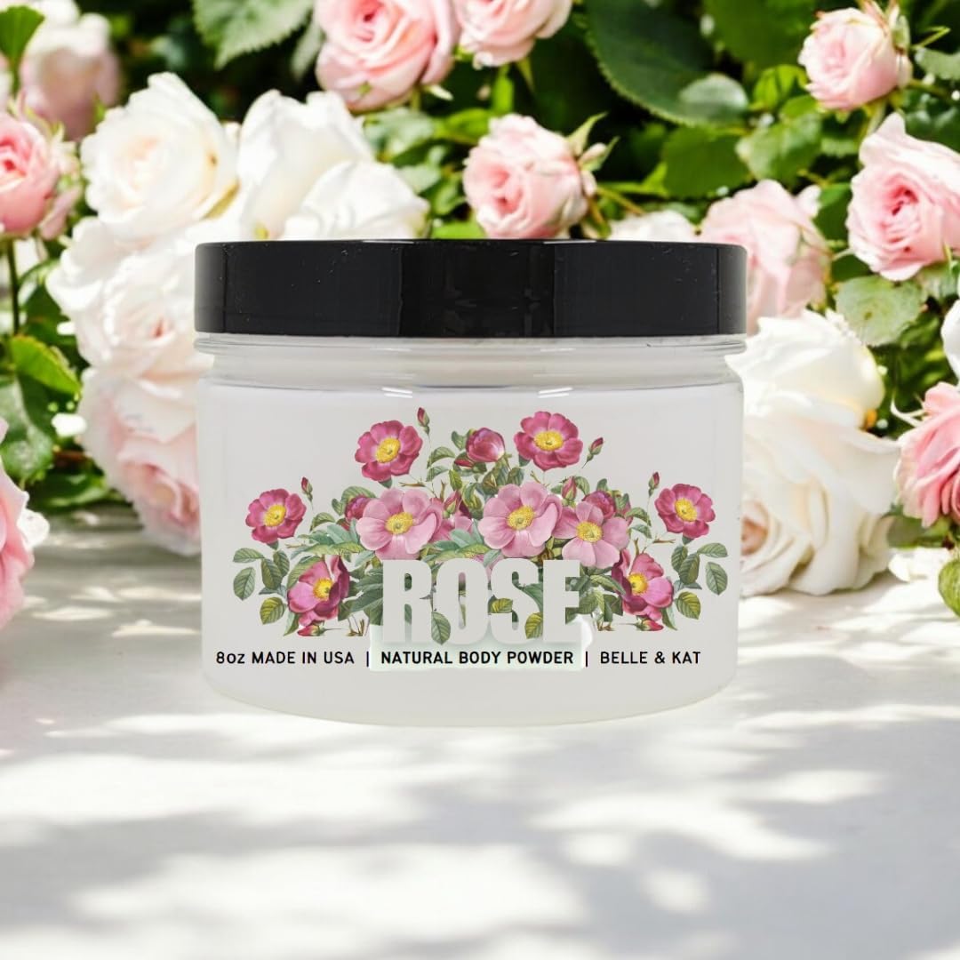 Rose Scented Body Powder for Men & Women, Bath Perfume Dusting Powder with Fragrance & Essential Oils, Talc Free 8oz Container, Made in USA