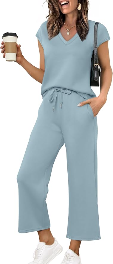 Saloogoe Two Piece Sets for Women Summer Outfits Lounge Sets V Neck Tops Wide Leg Pants Woman Vacation Travel Outfits