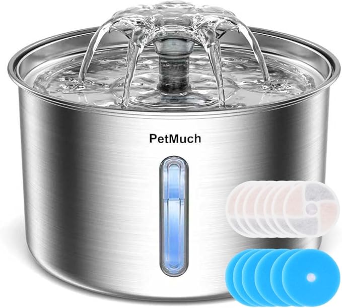 PetMuch Cat Water Fountain Stainless Steel, 102oz/3L Automatic Pet Water Fountain with 6 Replacement Filters & 6 Pre-Filte...