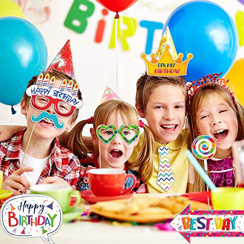 29 Pieces Birthday Photo Booth Props Kit Colorful Funny Kids Birthday Theme Table Centerpiece Craft Cutouts with Glue Poin...