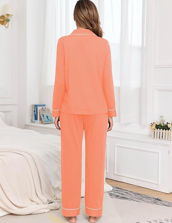 Veseacky 100% Cotton Pajamas for Women Set Long Sleeve Button Down Sleepwear Soft Pjs Lounge Sets with Pockets XS-XXL