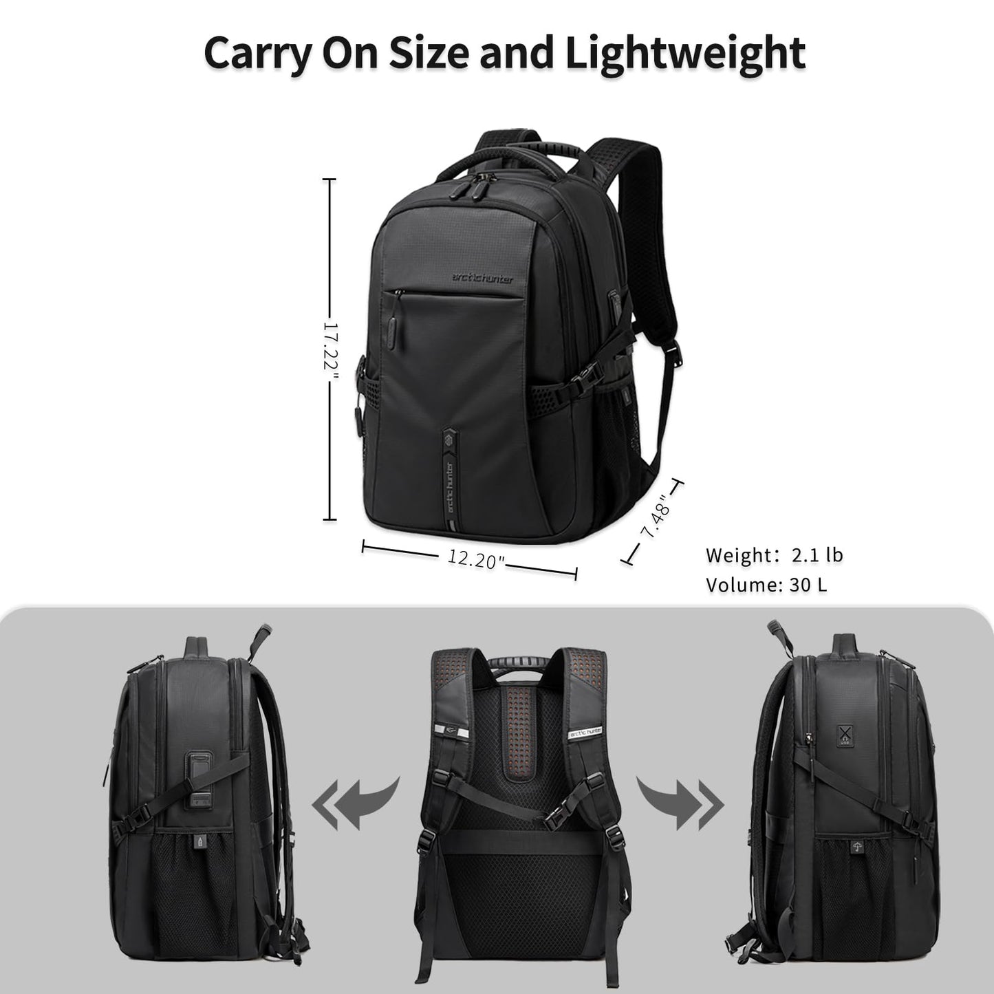 ARCTIC HUNTER AH Business Laptop Backpack for Men Work Commuting, 30L Large Travel Carry On Backpack Flight Approved for Airplane, Professional Adult College Backpacks Casual Daypack, Black
