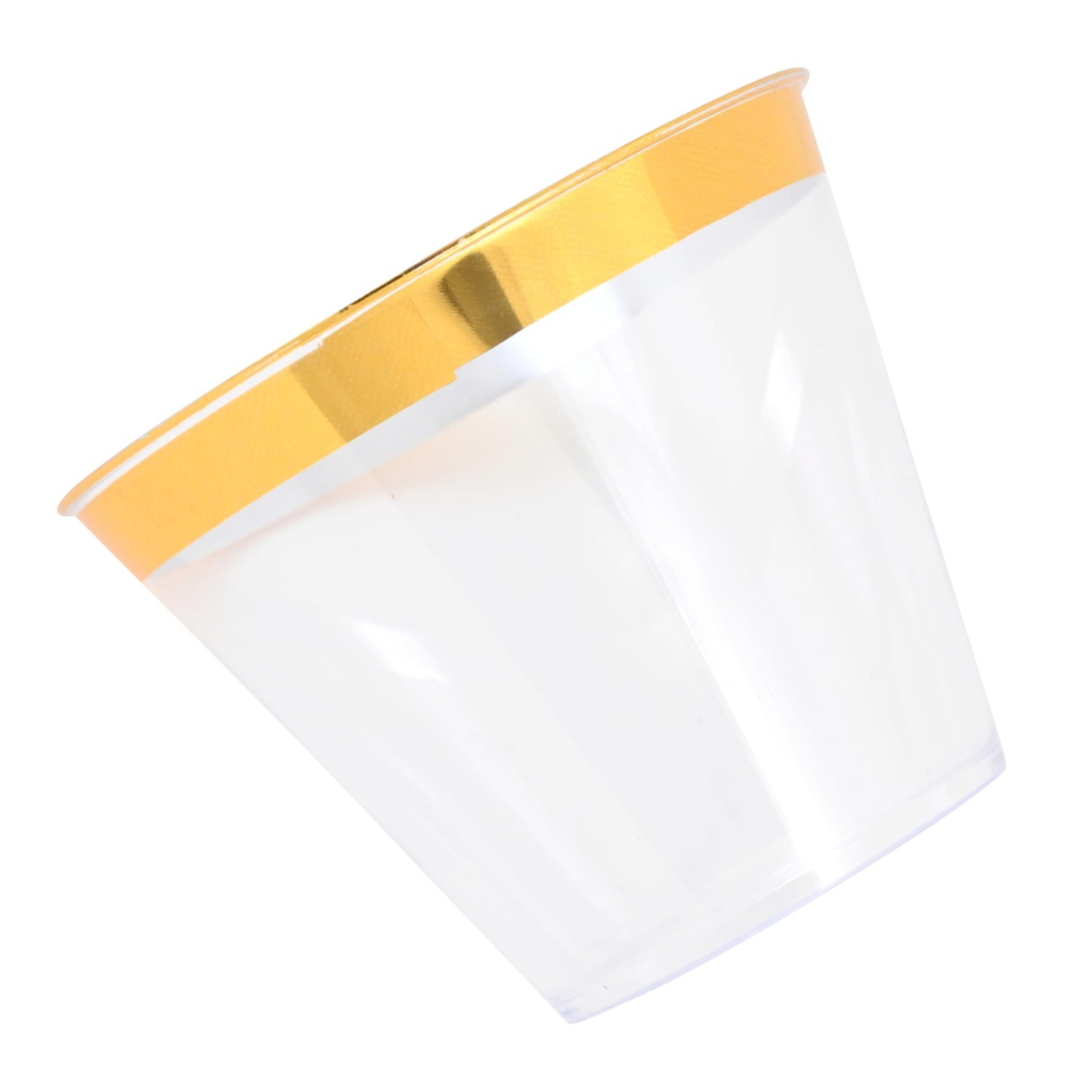 Crystal Ridge Tableware Premium Gold Rim Clear Plastic Cups, 9 oz., Reusable Drinking Cup Set, Disposable Cups for Wedding and Birthday Parties, Plastic Wine Cups, Cocktail and Fruit Cups, 30 Pcs