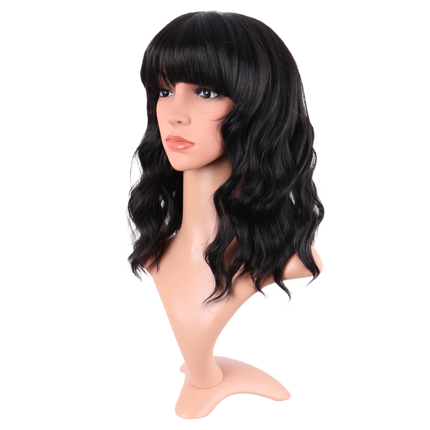 MapofBeauty 14 Inch/35 cm Short Wavy Curly Women Fresh Bright Synthetic Ordinary Flat Bangs Bob Wig (Black Brown)
