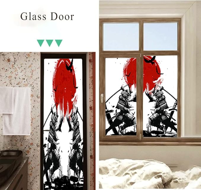 Japanese Samurai Stained Glass Film Watercolor Ink Samurai Sword Red Sun Printwindow Tinting Film for Home,Window Film Stained Glass 17.7Wx23.6L-Inch X2Pcs
