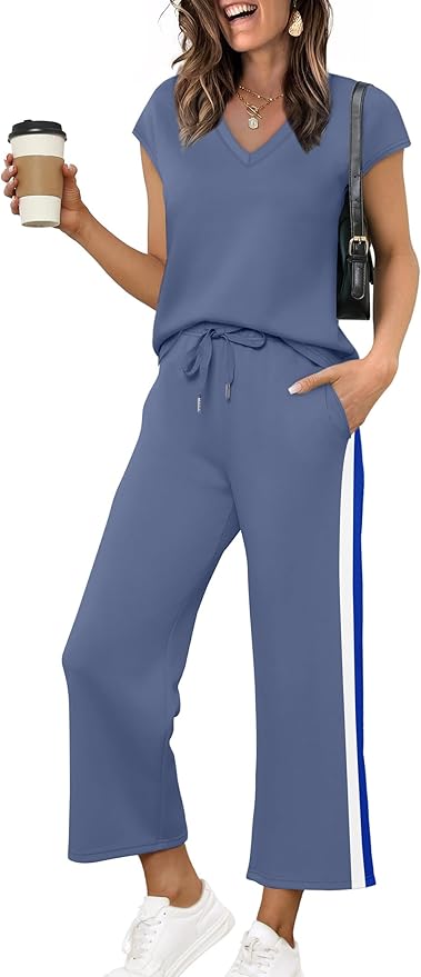 Saloogoe Two Piece Sets for Women Summer Outfits Lounge Sets V Neck Tops Wide Leg Pants Woman Vacation Travel Outfits