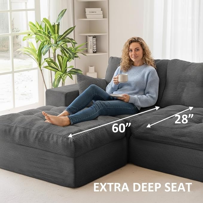 NAYA 106” Modular Sectional Sofa, Cloud Sectional Couch with Deep Seat, Modern Modular L-Shape Sofa Boneless Couch with Chaise for Living Room Bedroom (Grey, Cloudy Sofa with Left Facing Chaise)