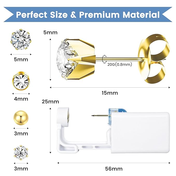 Get the Perfect Ear Piercing with 24Pcs Premium Ear Piercing Kit - Includes 8 CZ Stones Earrings and 8 Easy-to-Use Self Ear Piercing Gun - Safe and Painless - Style 1