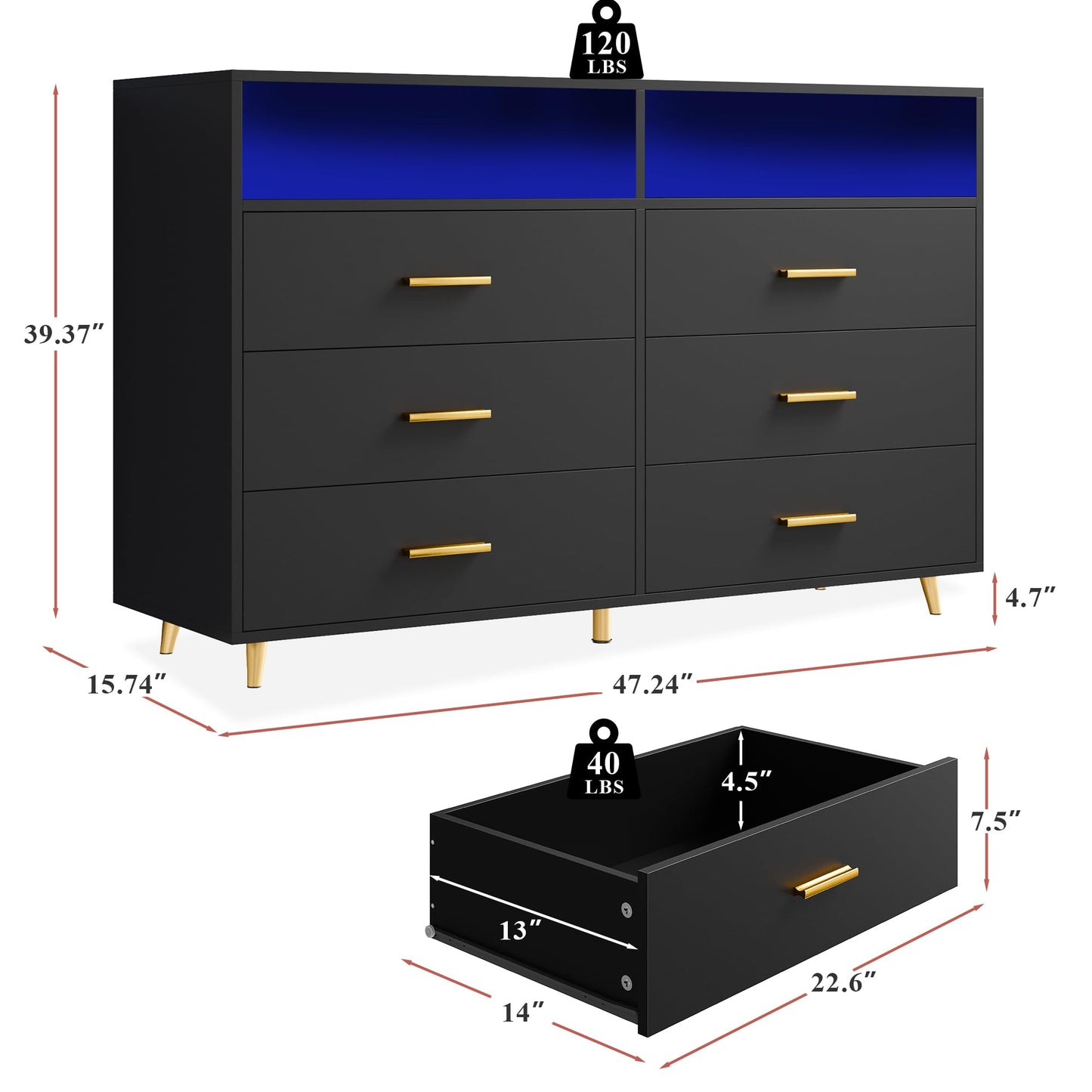 Black Dresser with LED Lights, Wood Dresser for Bedroom with 6 Wide Large Drawers,2 Open Shelves Top, Elegant Chest of Drawers for Clothes Storage Living Room Hallway Entryway, 47.2" W