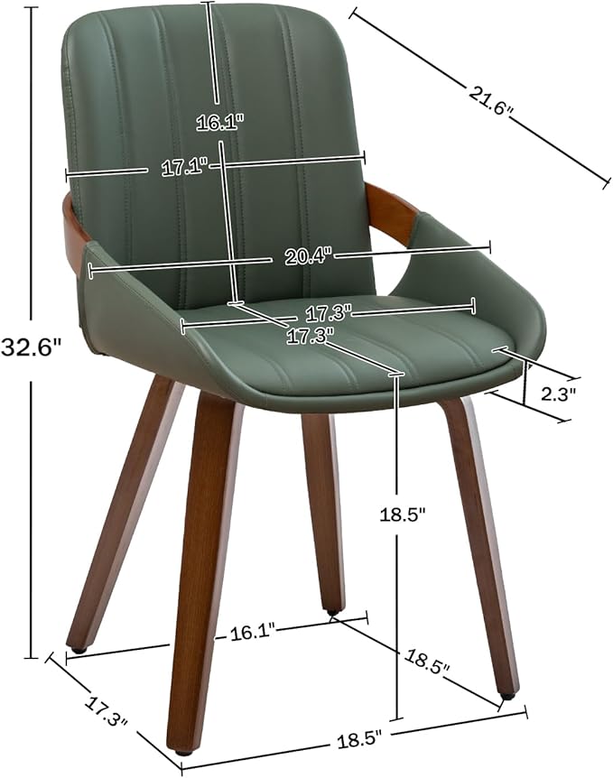 YOUUGIOR Mid Century Modern Faux Leather Upholstered Dining Chairs Set of 2,Armless Accent Chairs with Sturdy Natural Wood Legs,Bamboo Backrest Support for Kitchen&Dining Room Chairs(Green PU)