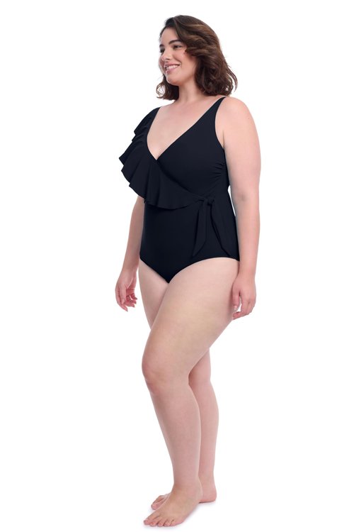 Profile by Gottex Women’s Tutti Frutti D-Cup V-Neck with Frill Tankini Swim Top with Soft Cups and Adjustable Straps Black