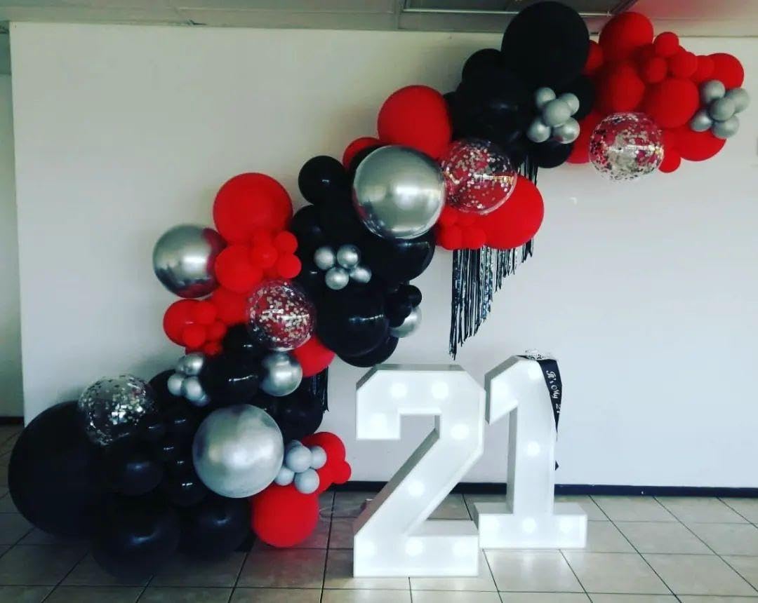 ADOINBY Red and Black Silver Balloon Arch Kit - 201Pcs Explosion Star Red Black Metallic Silver Balloon Garland kit Different Size Balloons for Anniversary Birthday Racing Car Poker Party Decoration