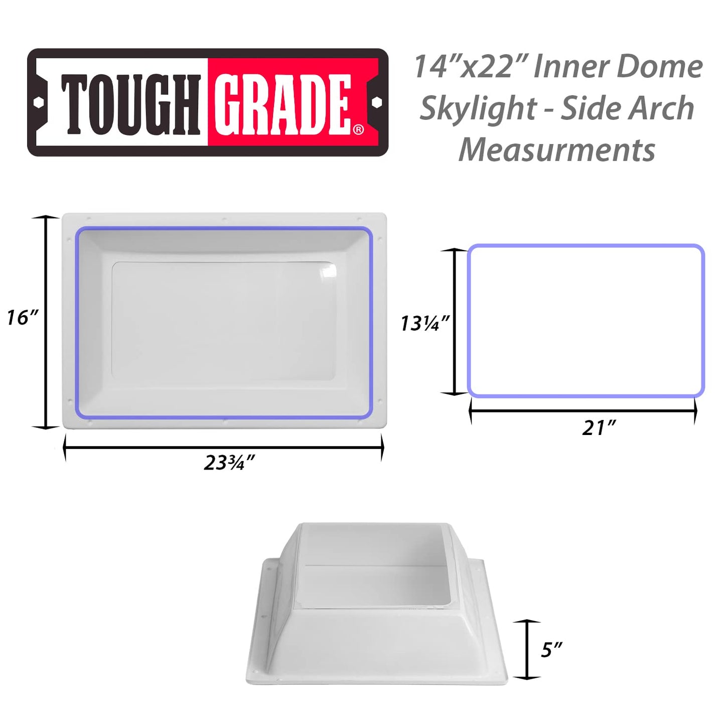 Toughgrade RV/Camper Dome Skylights - Acrylic Replacement Skylights (Inner Dome - Side Arch, 14"x22")