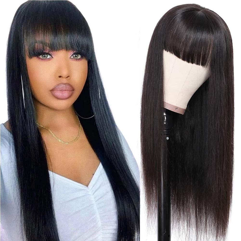 Amella Hair Straight Human Hair Wigs with Bangs for Black Women 150% Density Brazilian Straight None Lace Front Wgis with Bangs