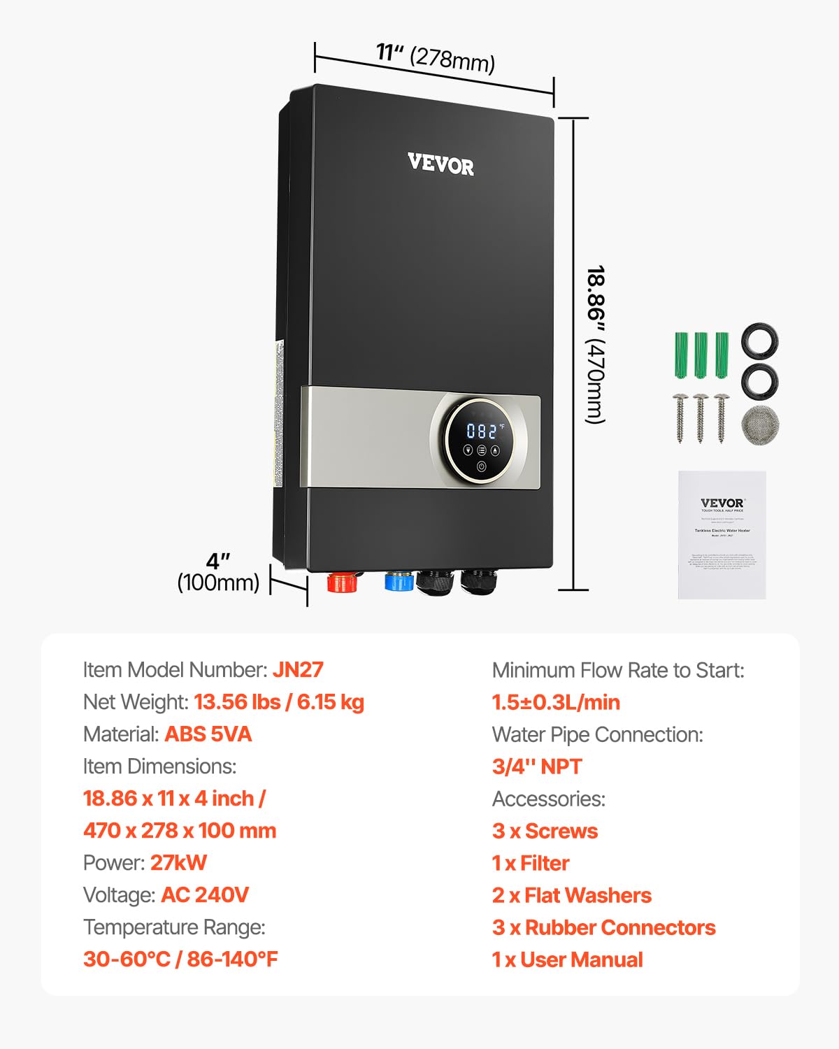 VEVOR Tankless Water Heater Electric, 27KW 240V Black Instant Water Heater, LCD Touch Screen, Digital Temperature Display, Child Security Lock, On Demand for Bathroom, Kitchen, Shower, Mall, Salon