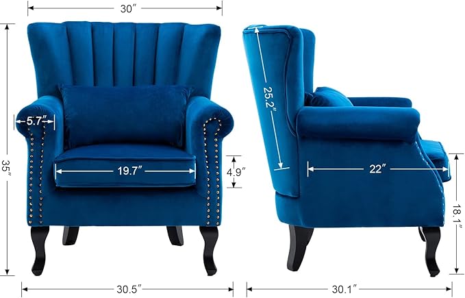 DM Furniture Accent Chairs Set of 2 with Arm Comfy Living Room Chair Mid-Century Modern Wingback Side Chair Velvet Single Sofa Couch for Bedroom Guest Room, Blue