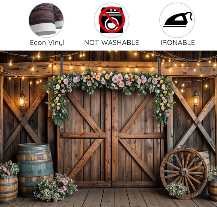 10x8ft Country Wedding Photography Backdrop Rustic Barn Door Photography Backdrop Farmhouse Pink Flower Cabin Wooden Birth...