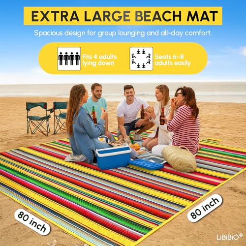Libibio Extra Large 80"x80" Beach Blanket – Thick 3-Layer Waterproof Sandproof Outdoor Mat – Picnic Blanket for 6-8 People...