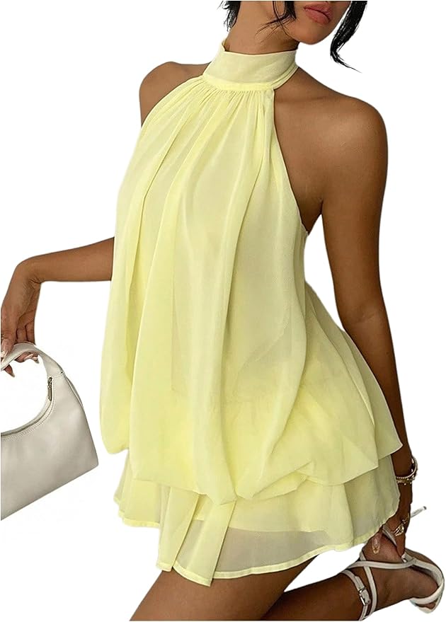 Verdusa Women's Chiffon Halter Drop Waist Wedding Guest Dresses Ruffle Summer Mini Dress Brunch Outfits
