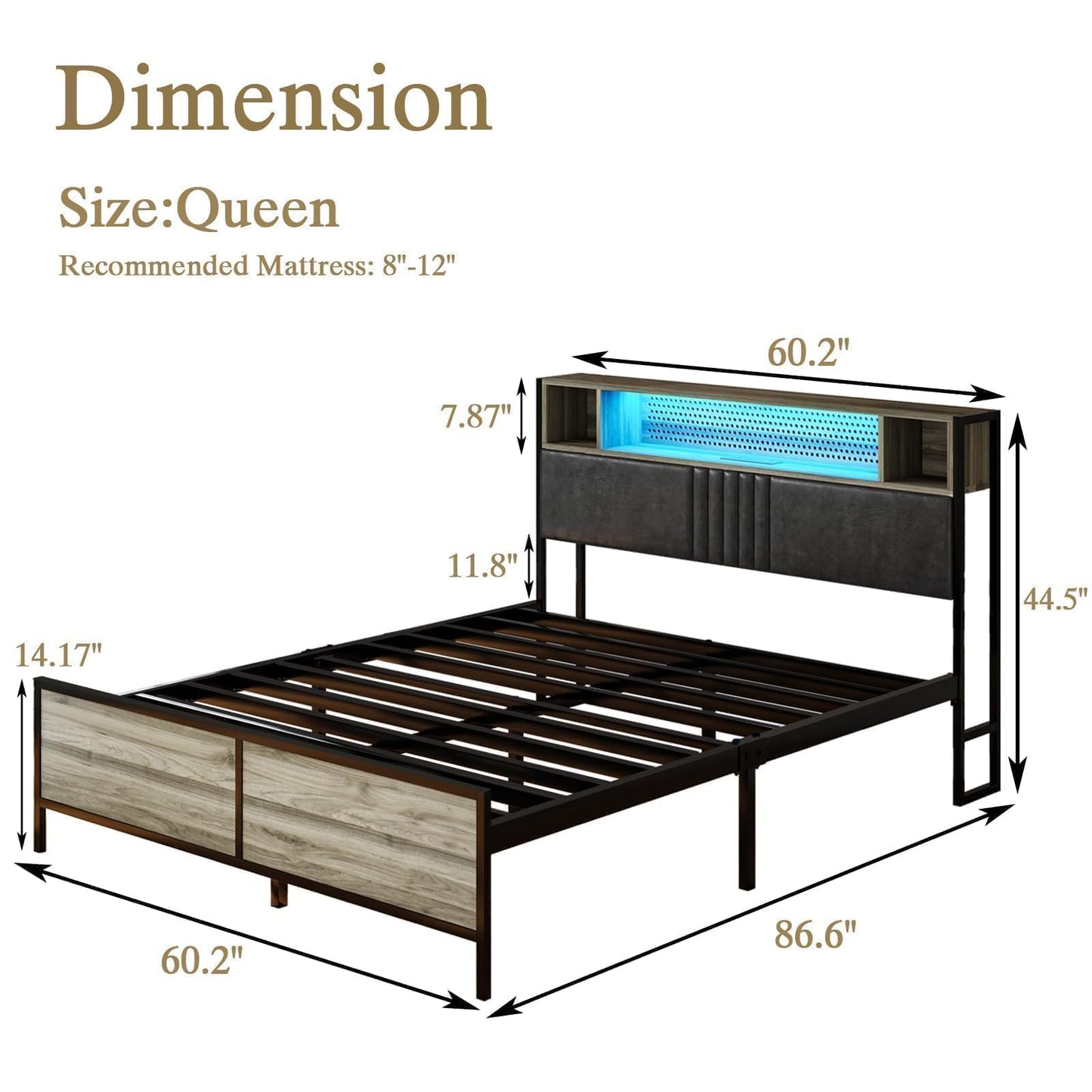 Queen Bed Frame with LED Lights and Charging Station, Upholstered Platform Bed Frame Full with Storage, Strong Metal Slats Support, No Box Spring Needed, Noise-Free, Easy Assembly, Wash Grey
