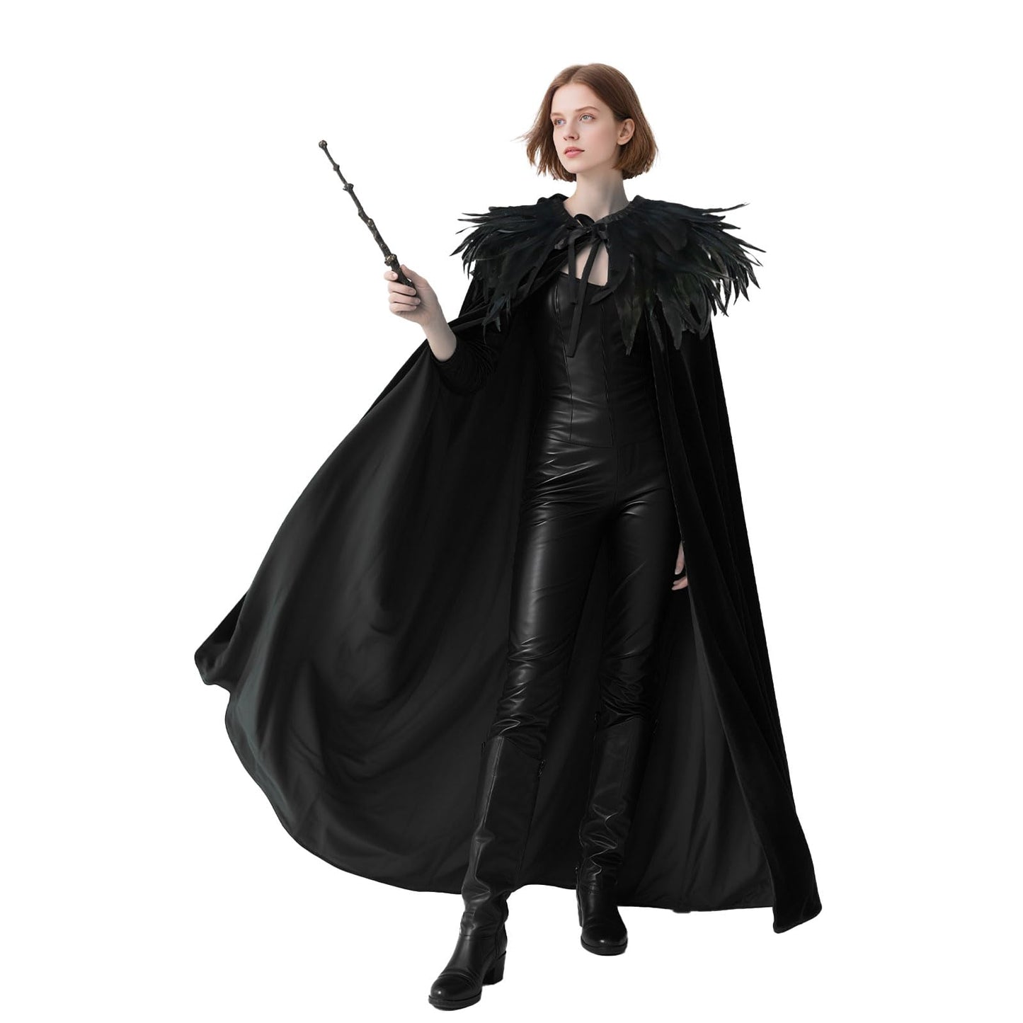 Joukavor Women Men Velvet Cape with Natural Gothic Feather Shawl Cape for Halloween (Black)