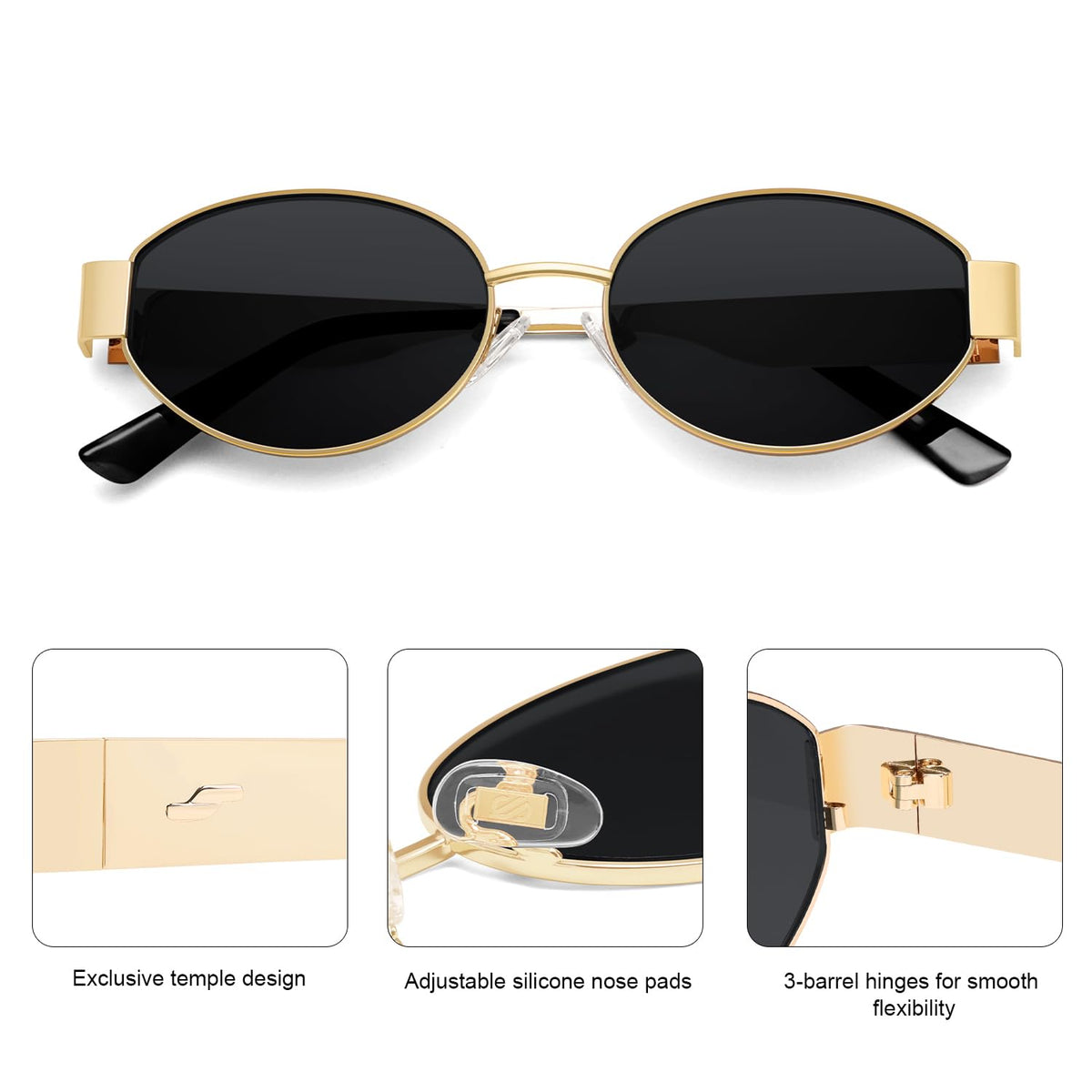 SOJOS Retro Oval Sunglasses for Women Trendy Classic Shades UV400 Protection, Gold/Grey