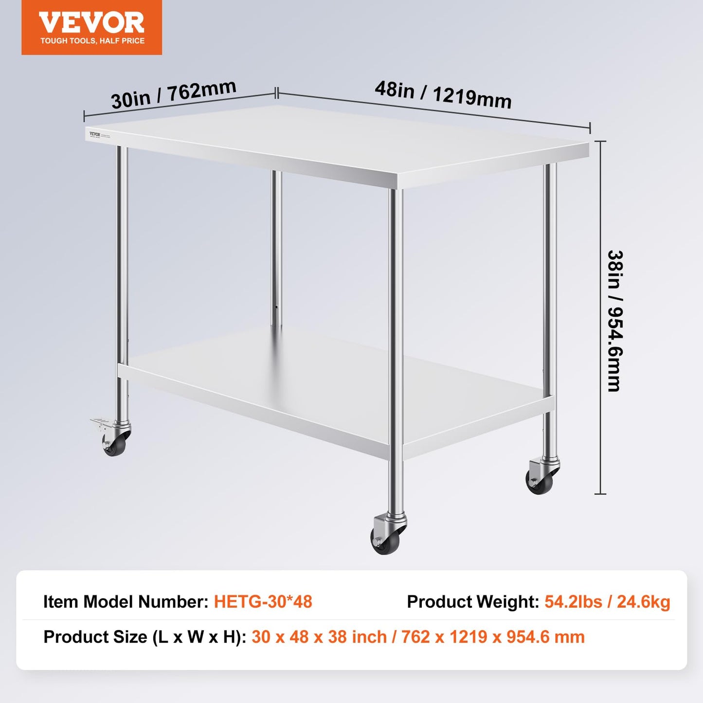 VEVOR Stainless Steel Work Table 30 x 48 x 38 Inch, with 4 Wheels, 3 Adjustable Height Levels, Heavy Duty Food Prep Worktable for Commercial Kitchen Restaurant, Silver