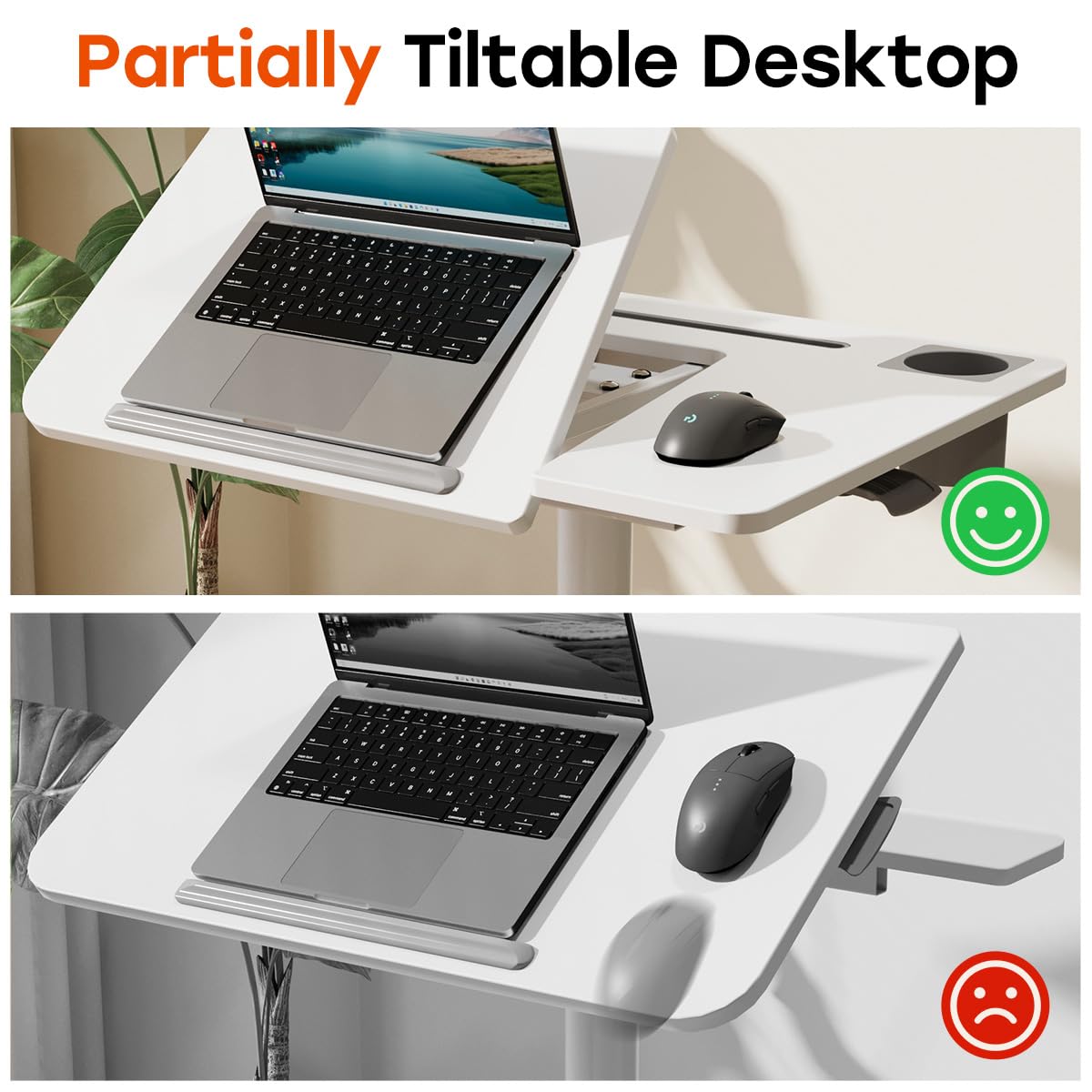 JOY worker Mobile Standing Desk, Height Adjustable Table, 60° Tiltable Rolling Laptop Desk, Portable Sit Stand Desk with Wheels Cup Holder for Bed Couch School, Holds Up to 22lbs, White