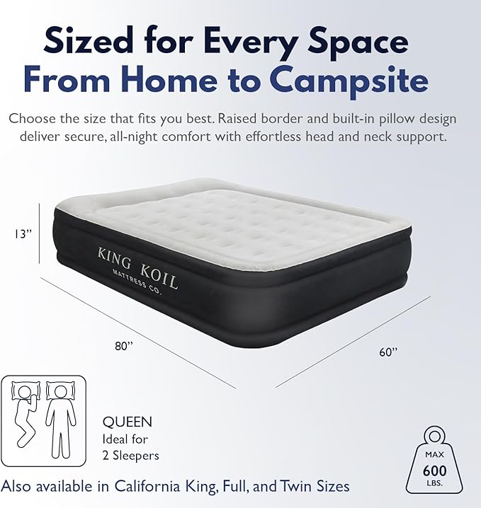 King Koil Premium Luxury Plush Pillow Top Queen Size Air Mattress with Built-in High-Speed Pump for Home, Camping, Guests,13" Inflatable Double High Blow Up Airbed, Durable Waterproof, 1-Year Warranty