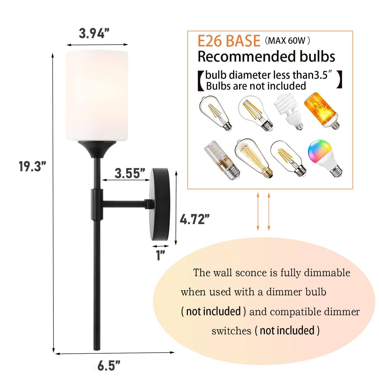BYOLIIMA Mid Century Modern Wall Lamp 2 Pack with White Cylinder Glass Shades Matte Black Wall Sconce Bathroom Vanity Lighting Industrial Farmhouse Wall Light Fixtures for Mirror Bedroom Living Room