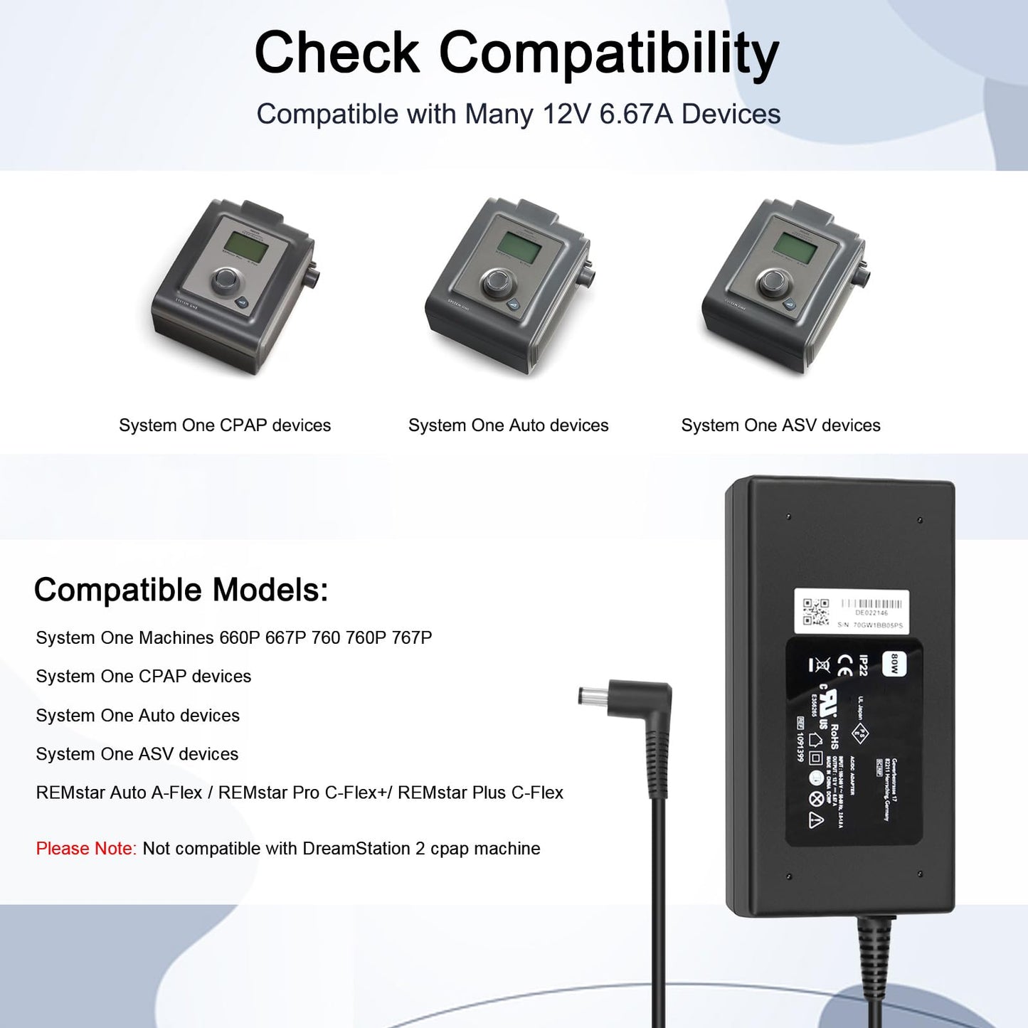 JUYOON 12V 6.67A Charger Compatible with System One 60 Series 267P 467P 560 560P 567P 660P 667P 760 760P 767P 1067P 1167P CPAPs, bi-Level BiPAP Auto pro, BiPAPs Power Supply 1091399 1091398