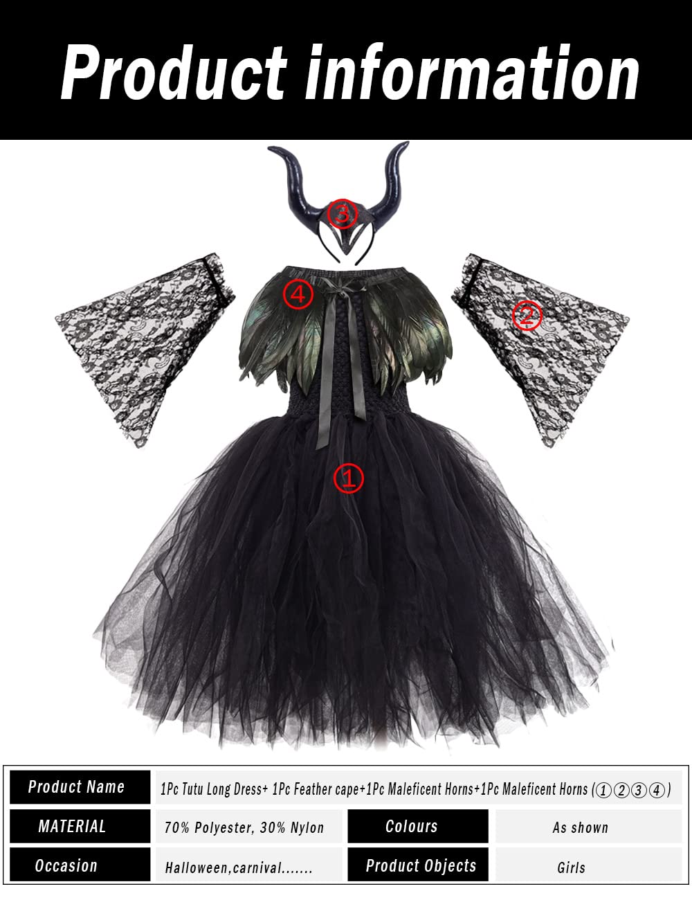 L'VOW Flower Girls Dress Princess Lace Tutu Tulle Dresses for Halloween with Demon Horns Feather Cape Costume Set-100
