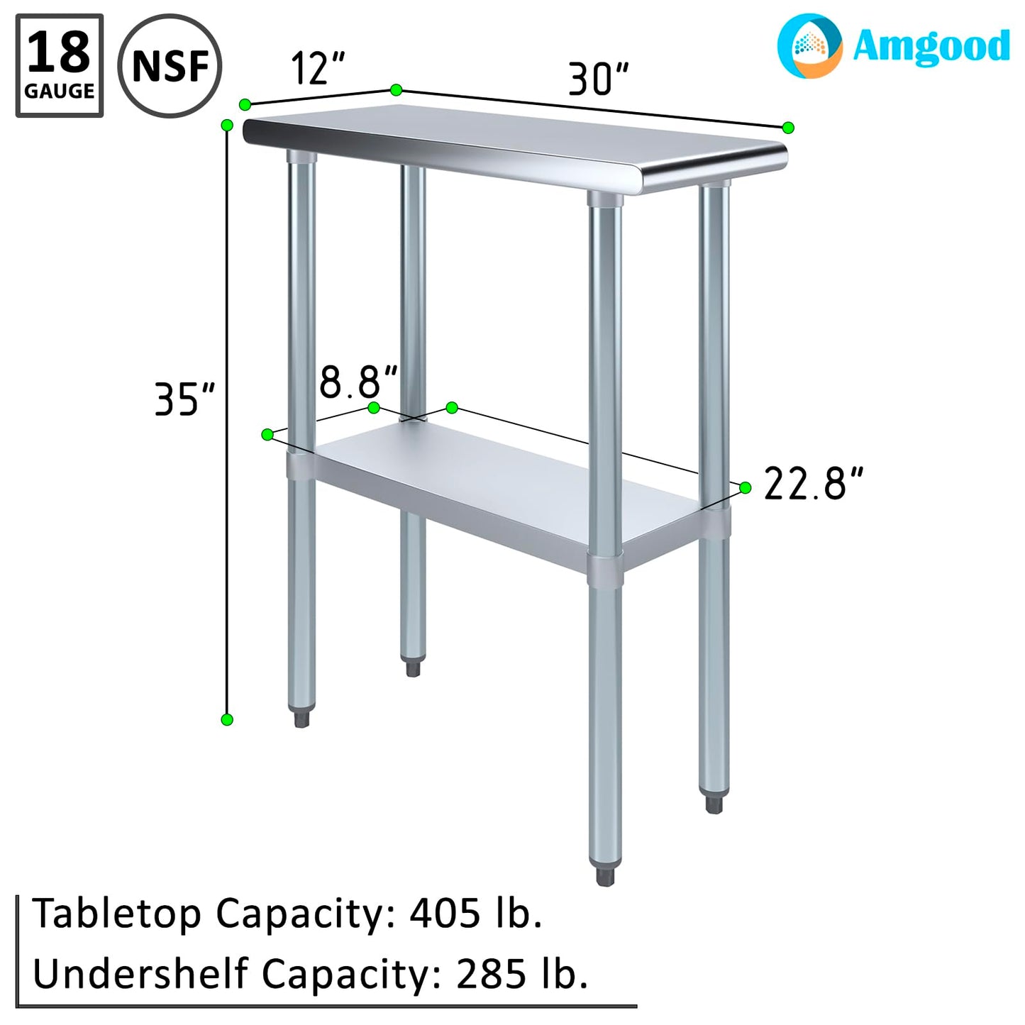 AmGood 30" X 12" Stainless Steel Work Table | Metal Kitchen Food Prep Table | NSF