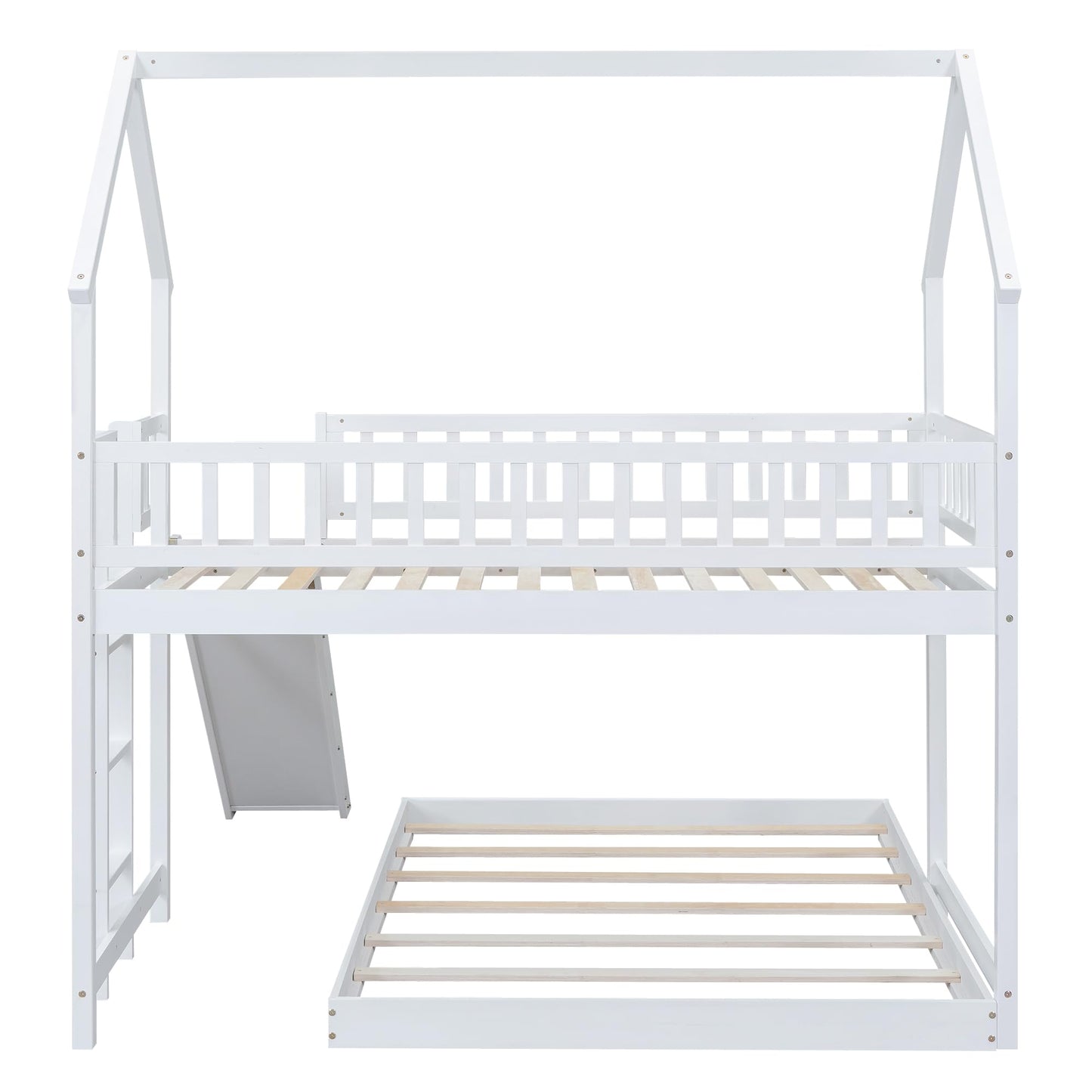 SOFTSEA Wooden House Bunk Bed with Slide and Built-in Ladder, Twin Over Full Wooden Bunk Bed Frame with Full-Length Guardrail, for Girls Boys Bedroom, No Box Spring Needed, White