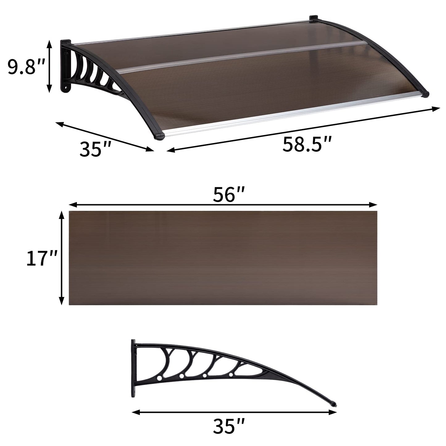 MATICO 58.5" Outdoor Clear Door Awning Patio Window Cover Polycarbonate Rain & Snow Protection, Modern Hollow Sheet with UV Protection Cover, Window Door Awning Canopy,Tea/Black-Edge