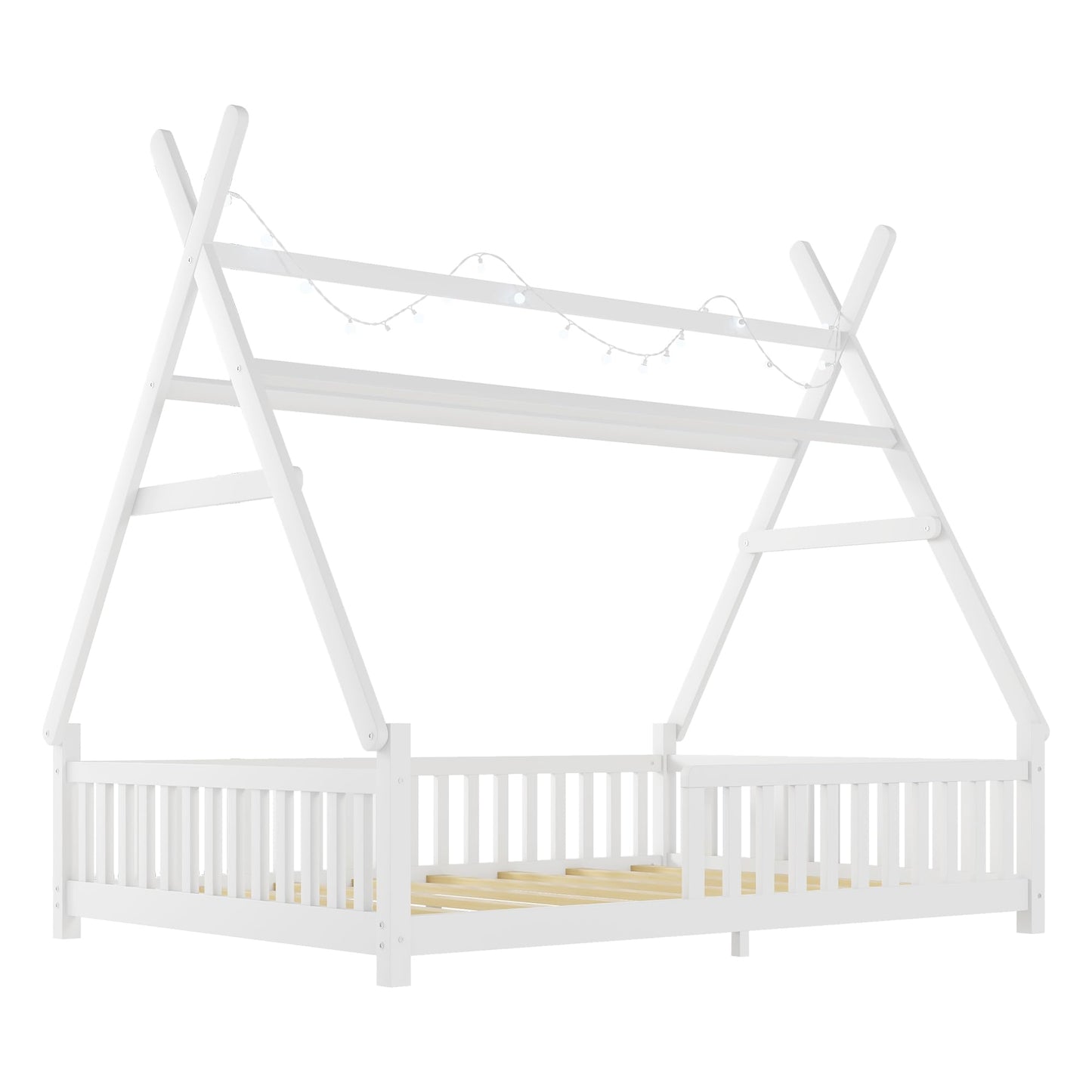 Mirightone Teepee Floor Bed for Kids, Full Size Montessori Beds with Rails, Detachable Floor Tent Bed with Slats and Hanging Rack, Wood House Bedframe for Boys Girls, White