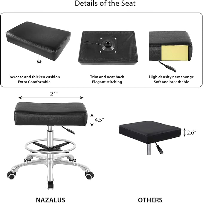 Nazalus Rolling Swivel Stool Height Adjustable with Wheels Heavy Duty for Office Home Desk Counter Salon (Black) (Black, with Footrest)