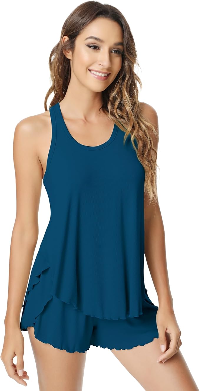 NACHILA Pajamas for Women-Viscose from Bamboo, Ribbed Racerback Tank Top Sexy Split Shorts Pajama Sets Cooling Sleep Cami Pjs