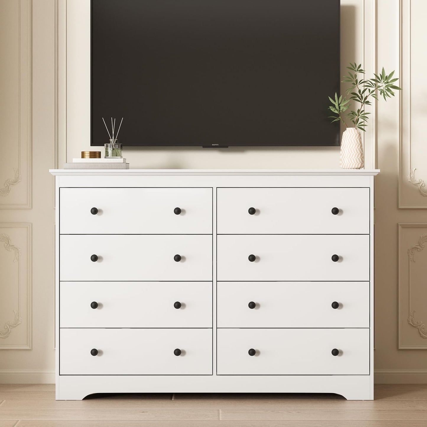 LYNSOM Modern 8 Drawer Dresser, 55.1" Wide Dressers & Chests of Drawers with Large Capacity Storage, Mid Century White Dresser for Bedroom, Hallway, White