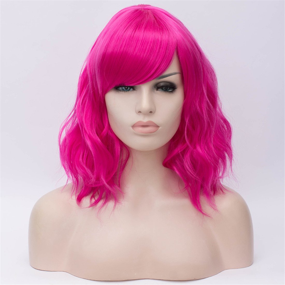 BUFASHION 14 Women's Pink Wavy Curly Wig - Heat Resistant Synthetic Hair, Bob Style with Side Bangs - Halloween, Cosplay & Party