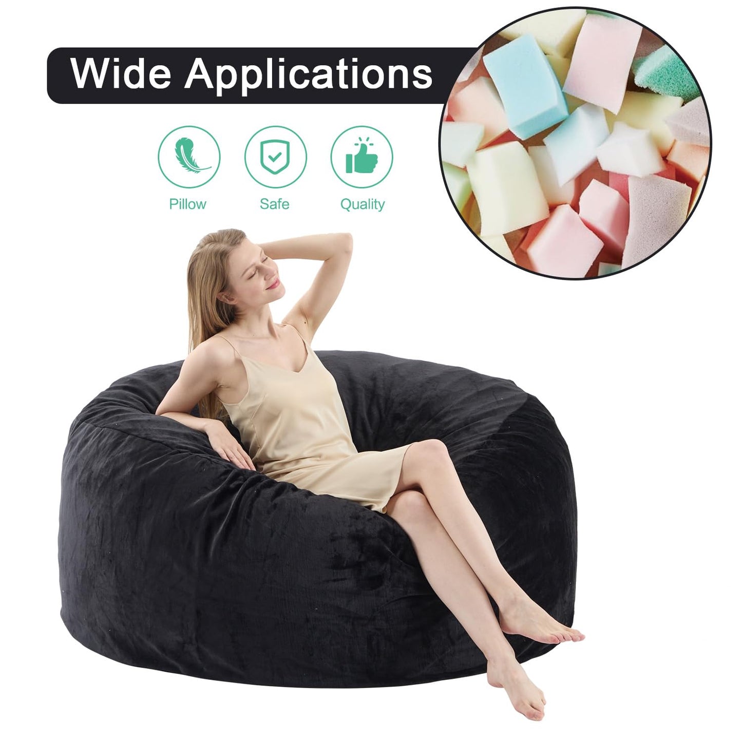Demacai Bean Bag Chair - Bean Bag Chairs for Adults with Memory Foam Filler Included, Removable and Washable Flannel Cover Beanbag Chair - Black(5FT-55"x55"x28")