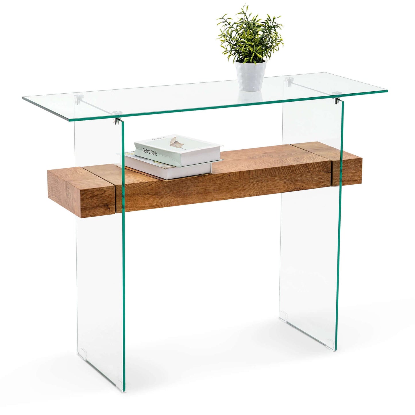 ivinta Glass Console Table with Storage, 39.4" Modern Narrow Entryway Table for Living Room, Entrance, Hallway or Bedroom 5101 (Natural Wood)