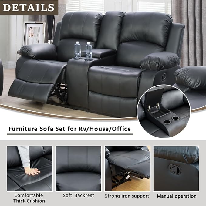 A Ainehome Living Room Furniture Set Leather Recliner Sofa Set Loveseat Chair Furniture Sofa Set for Living Room/Small Space/Rv/House/Office/Theater Seating (A-Black Leather, Loveseat)