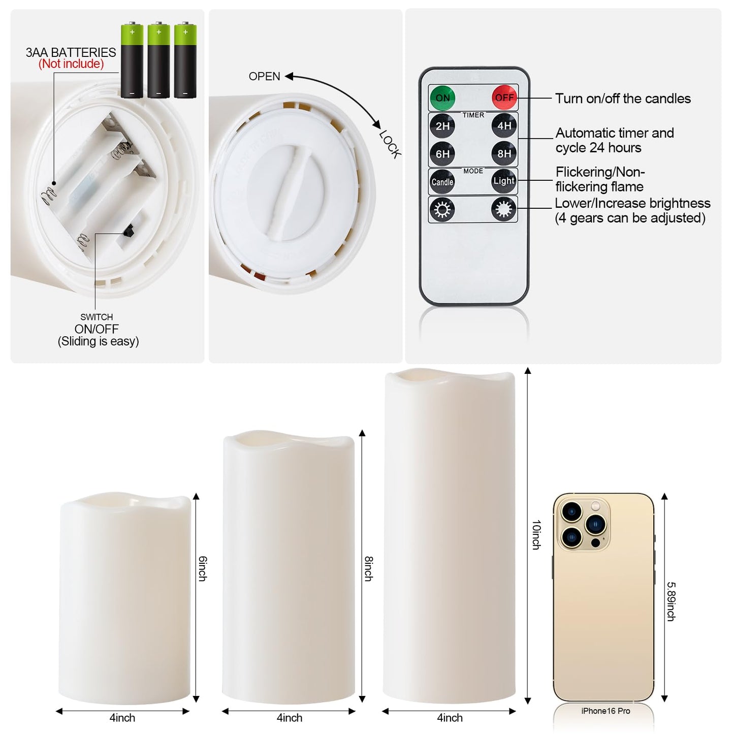 Amagic 3 Pack 4"x 6"8" 10" Outdoor Plastic Electric flameless Candles with Remote Control and Timer, Battery Operated Flickering LED Pillar Fake Candle for Home, Wedding Decor, Ivory