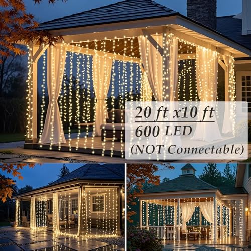 Solhice LED Curtain Lights Outdoor 20ft x10ft, 600 LED Plug in Hanging Christmas String Lights Indoor Bedroom, Twinkle Lig...