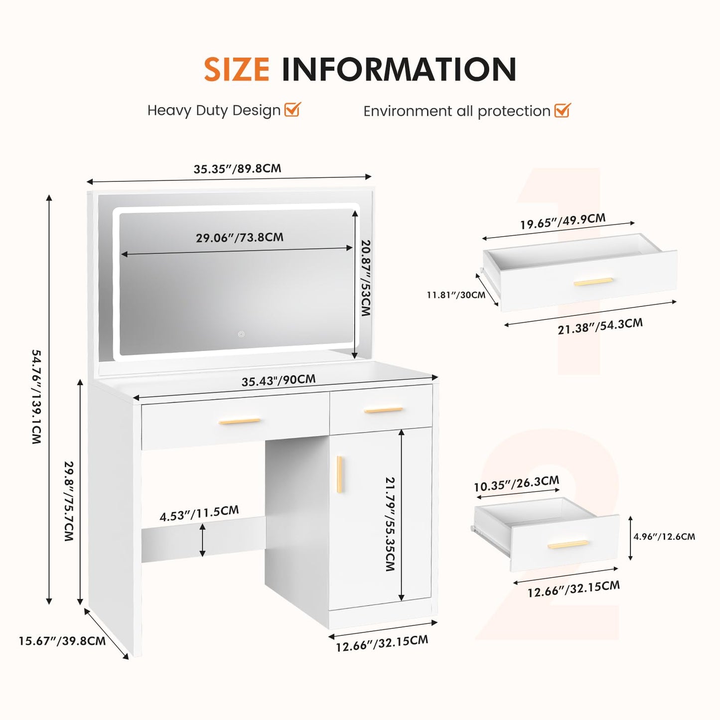 Sweetcrispy Vanity Desk with 35.4" LED Mirror and Lights, Makeup Vanity Table with Charging Station (2AC/USB/C), 2 Drawers & Large Cabinet, 3 Lighting Color Adjustable, Modern Dressing Table, White